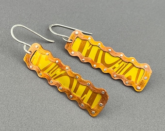 Beer can graphics and recycled copper earrings - beerings