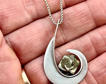 Pyrite Cube Crystal set in Silver Pendant