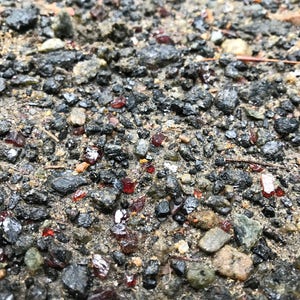May include: Close-up of a gravel path with small, dark-colored stones and scattered red, shiny pieces of glass.