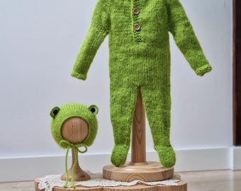 Conjunto de rana para recién nacido, gorro y pijama de rana, conjunto de rana para recién nacido, accesorio para fotos, gorro de rana para recién nacido, conjunto de rana verde