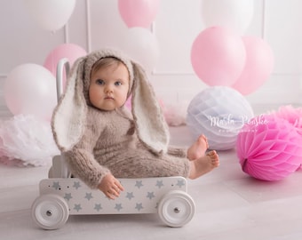 Bunny Outfit, sitter size outfit, romper with hoodie, baby bunny outfit, bunny pijamas, easter costume, easter outfit for baby