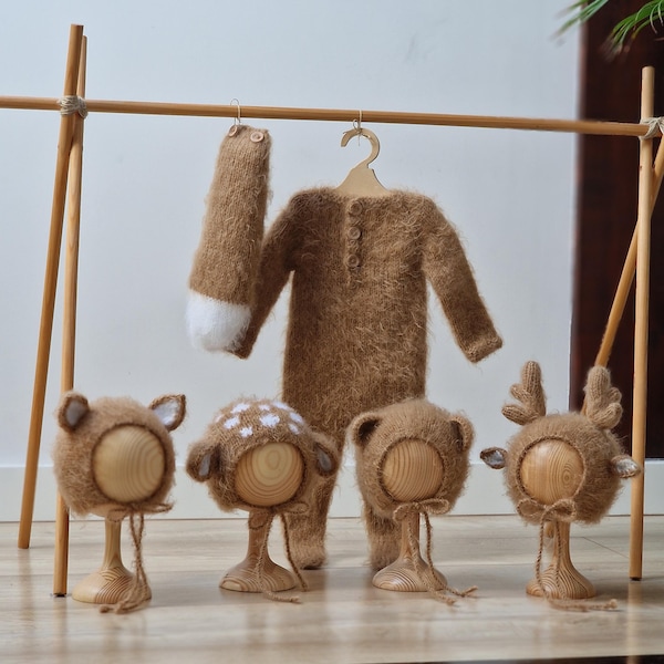 Conjunto de 6 piezas para recién nacido, accesorio para fotografía, juego de 4 gorros (mono y cola), gorro de ciervo, gorro de osito de peluche, gorro de zorro, gorro de reno, accesorio de fotografía de punto.