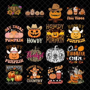 Puede incluir: Una colección de diseños digitales con temática otoñal, con calabazas, sombreros de vaquero y frases de temporada. Los diseños incluyen "Blessed", "Howdy Pumpkin", "Pumpkin Spice" y "One Thankful Girl". Las imágenes están sobre un fondo negro.