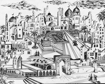 Peut inclure: Dessin au stylo et encre noir et blanc d'une ville du Moyen-Orient avec des dômes, des minarets et des palmiers. L'œuvre représente un paysage urbain détaillé avec des éléments architecturaux et des personnages, évoquant l'histoire et la culture.