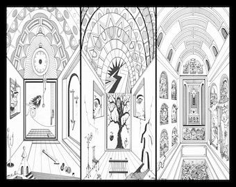 Peut inclure: Dessin au stylo et encre noir et blanc de trois scènes intérieures reliées. Chaque scène représente un couloir avec des éléments architecturaux détaillés, des œuvres d'art et des images surréalistes. L'œuvre comprend des horloges, des visages, des arbres et d'autres éléments abstraits.