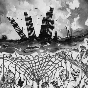 Peut inclure: Une illustration &agrave; l'encre noire et blanche repr&eacute;sentant une sc&egrave;ne sombre et surr&eacute;aliste. La partie sup&eacute;rieure montre des tours en ruine et pench&eacute;es sous un ciel nuageux avec des oiseaux. Le bas pr&eacute;sente un r&eacute;seau complexe de cordes.