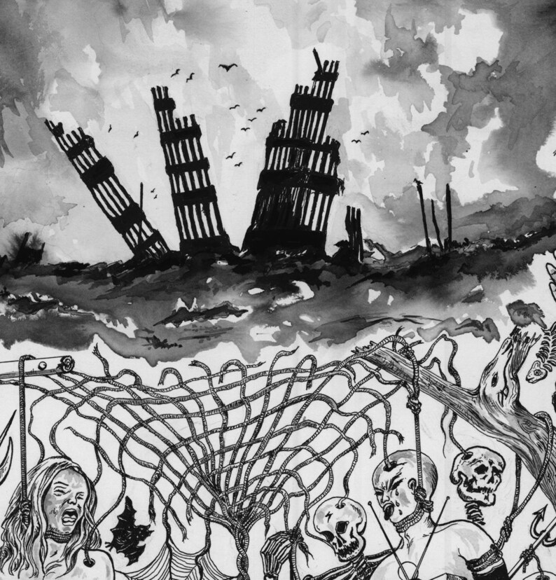 Peut inclure: Une illustration &agrave; l'encre noire et blanche repr&eacute;sentant une sc&egrave;ne sombre et surr&eacute;aliste. La partie sup&eacute;rieure montre des tours en ruine et pench&eacute;es sous un ciel nuageux avec des oiseaux. Le bas pr&eacute;sente un r&eacute;seau complexe de cordes.