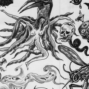 Peut inclure: Une illustration &agrave; l'encre noire et blanche repr&eacute;sentant une figure centrale avec une t&ecirc;te d'oiseau et de multiples membres en forme de tentacules &eacute;mergeant d'un torse humain. On y voit aussi une chauve-souris, un cr&acirc;ne et un &oelig;il qui pleure.