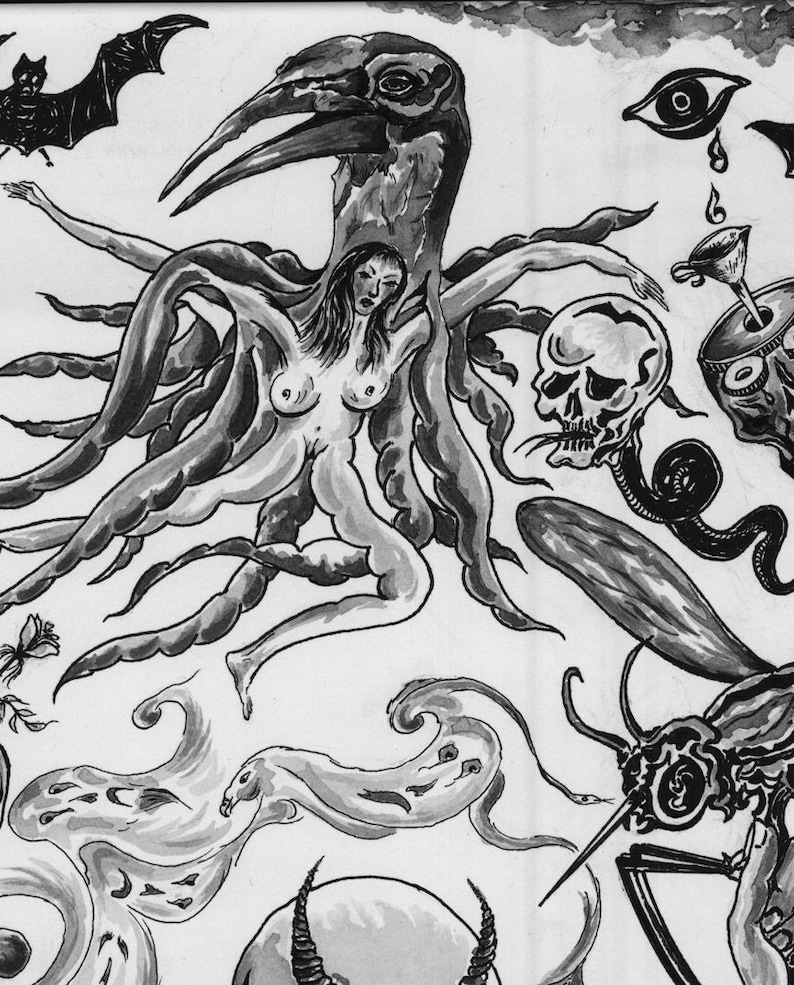 Peut inclure: Une illustration &agrave; l'encre noire et blanche repr&eacute;sentant une figure centrale avec une t&ecirc;te d'oiseau et de multiples membres en forme de tentacules &eacute;mergeant d'un torse humain. On y voit aussi une chauve-souris, un cr&acirc;ne et un &oelig;il qui pleure.