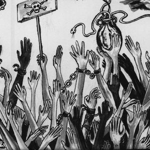 Peut inclure: Une illustration &agrave; l'encre noire et blanche repr&eacute;sentant une foule de mains tendues, certaines encha&icirc;n&eacute;es, vers une figure centrale tenant une ampoule entour&eacute;e de serpents. Un mur de briques avec une grille et un panneau t&ecirc;te de mort sont visibles.