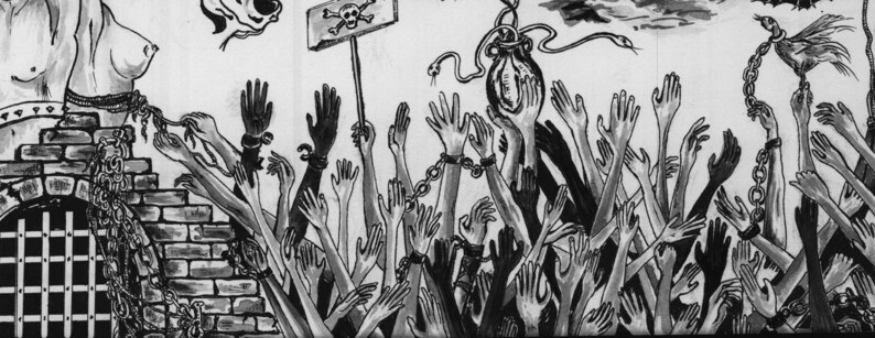 Peut inclure: Une illustration &agrave; l'encre noire et blanche repr&eacute;sentant une foule de mains tendues, certaines encha&icirc;n&eacute;es, vers une figure centrale tenant une ampoule entour&eacute;e de serpents. Un mur de briques avec une grille et un panneau t&ecirc;te de mort sont visibles.