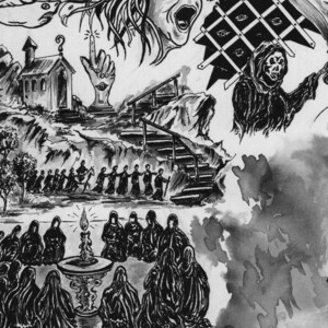 Peut inclure: Une illustration &agrave; l'encre noire et blanche repr&eacute;sentant un visage hurlant aux cheveux flottants, une grille d'yeux, une silhouette encapuchonn&eacute;e, une petite &eacute;glise, une main avec un &oelig;il et des personnages encapuchonn&eacute;s autour d'une bougie.