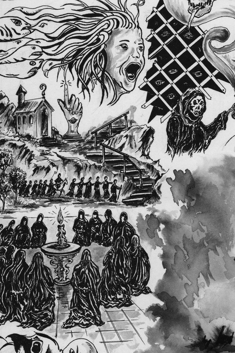 Peut inclure: Une illustration &agrave; l'encre noire et blanche repr&eacute;sentant un visage hurlant aux cheveux flottants, une grille d'yeux, une silhouette encapuchonn&eacute;e, une petite &eacute;glise, une main avec un &oelig;il et des personnages encapuchonn&eacute;s autour d'une bougie.