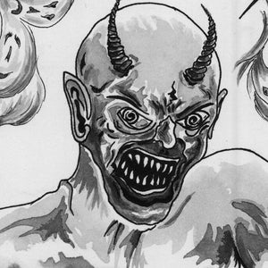 Peut inclure: Une illustration &agrave; l'encre noire et blanche repr&eacute;sentant une cr&eacute;ature &agrave; cornes avec une large bouche ouverte r&eacute;v&eacute;lant des dents pointues. La figure a des yeux hypnotiques en spirale et des oreilles pointues, entour&eacute;e de motifs de fum&eacute;e abstraits.