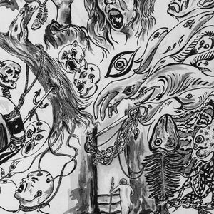 Peut inclure: Une illustration &agrave; l'encre noire et blanche pr&eacute;sentant un collage chaotique d'images surr&eacute;alistes, incluant un visage hurlant, un poisson squelettique, une silhouette marchant vers une porte sombre, des cha&icirc;nes, des serpents, des chauves-souris.