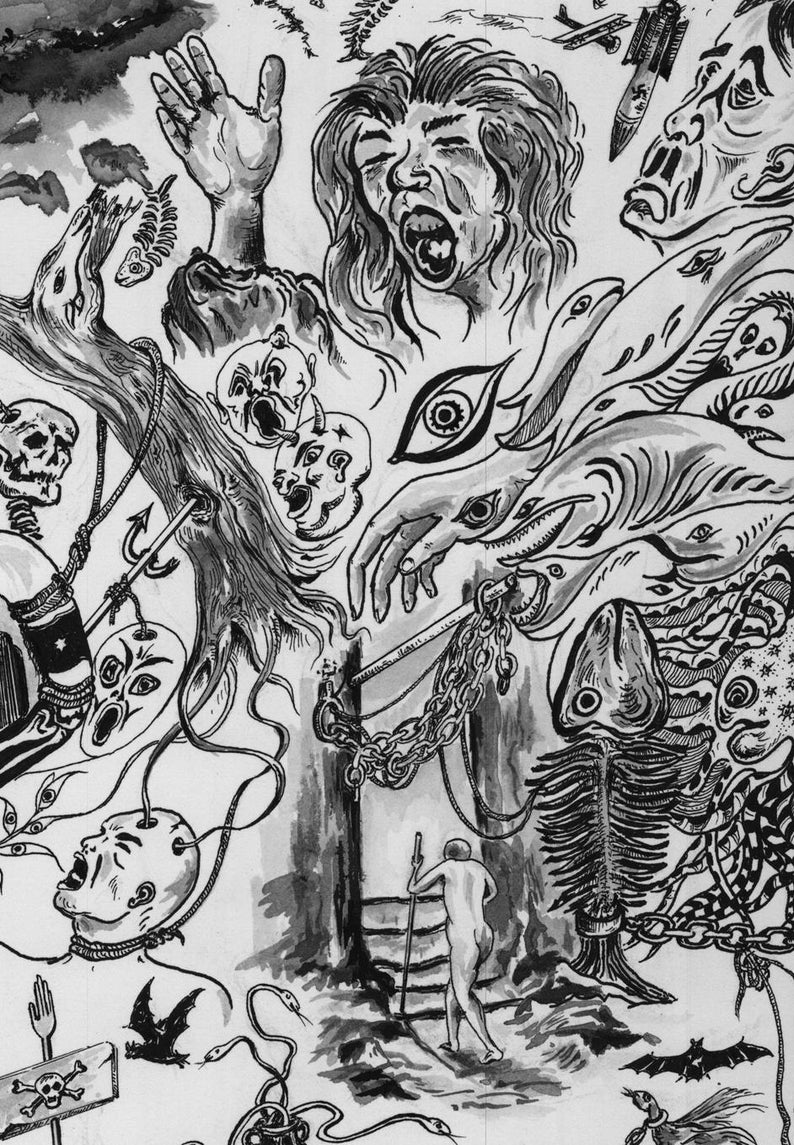 Peut inclure: Une illustration &agrave; l'encre noire et blanche pr&eacute;sentant un collage chaotique d'images surr&eacute;alistes, incluant un visage hurlant, un poisson squelettique, une silhouette marchant vers une porte sombre, des cha&icirc;nes, des serpents, des chauves-souris.