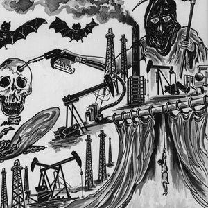 Peut inclure: Une illustration &agrave; l'encre noire et blanche repr&eacute;sentant une silhouette encapuchonn&eacute;e tenant une faux, entour&eacute;e de derricks p&eacute;troliers, de fum&eacute;e et de chauves-souris. Un pistolet de pompe &agrave; essence remplit un cr&acirc;ne humain.