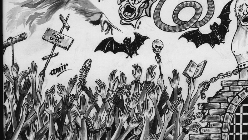Peut inclure: Une illustration &agrave; l'encre noire et blanche repr&eacute;sentant une foule de mains tendues, certaines entrav&eacute;es par des cha&icirc;nes. La sc&egrave;ne comprend des chauves-souris en vol, un cr&acirc;ne sur un b&acirc;ton, un panneau avec t&ecirc;te de mort, un livre ouvert et la signature amir.