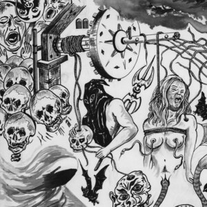 Peut inclure: Une illustration &agrave; l'encre noire et blanche repr&eacute;sentant une figure encapuchonn&eacute;e tenant un cr&acirc;ne, une personne ligot&eacute;e avec des serpents, un treuil m&eacute;canique, des visages hurlants, des cr&acirc;nes humains, une chauve-souris et un trident.