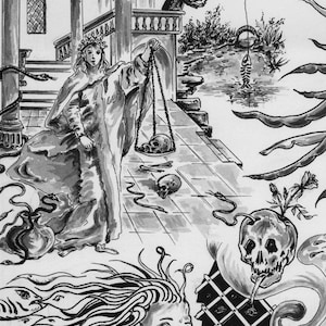 Peut inclure: Une illustration &agrave; l'encre noire et blanche repr&eacute;sentant une silhouette en robe tenant une balance avec un cr&acirc;ne, entour&eacute;e d'&eacute;l&eacute;ments surr&eacute;alistes dont des serpents, une ar&ecirc;te de poisson, un cr&acirc;ne fleuri et un visage aux cheveux fluides.