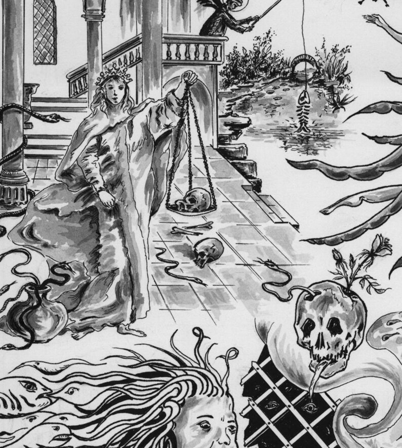 Peut inclure: Une illustration &agrave; l'encre noire et blanche repr&eacute;sentant une silhouette en robe tenant une balance avec un cr&acirc;ne, entour&eacute;e d'&eacute;l&eacute;ments surr&eacute;alistes dont des serpents, une ar&ecirc;te de poisson, un cr&acirc;ne fleuri et un visage aux cheveux fluides.
