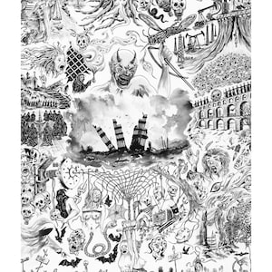 Peut inclure: Une illustration d&eacute;taill&eacute;e &agrave; l'encre noire et blanche pr&eacute;sentant un collage chaotique d'imagerie surr&eacute;aliste et macabre, incluant des cr&acirc;nes, des d&eacute;mons, des structures en ruine, des plates-formes p&eacute;troli&egrave;res, des chauves-souris et des personnages.