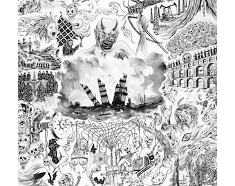 Puede incluir: Una detallada ilustración en tinta blanca y negra que presenta un collage caótico de imágenes surrealistas y macabras, incluyendo calaveras, demonios, estructuras en ruinas, plataformas petrolíferas, murciélagos y figuras en angustia.