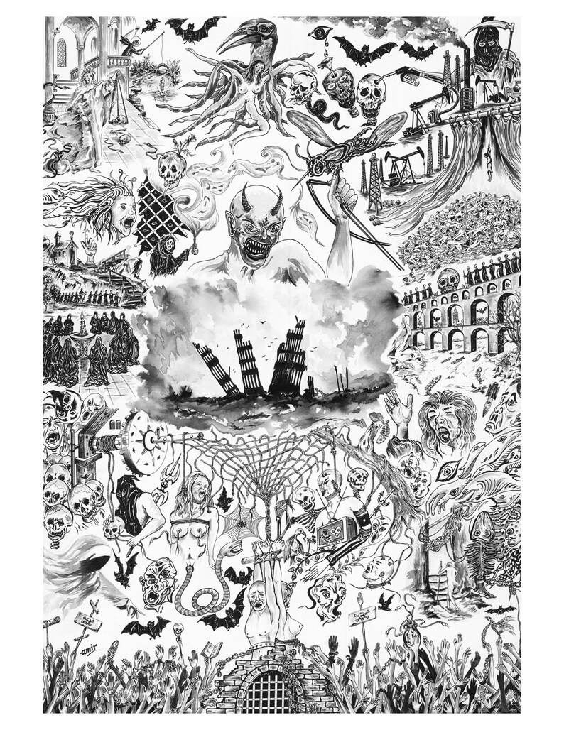 Peut inclure: Une illustration d&eacute;taill&eacute;e &agrave; l'encre noire et blanche pr&eacute;sentant un collage chaotique d'imagerie surr&eacute;aliste et macabre, incluant des cr&acirc;nes, des d&eacute;mons, des structures en ruine, des plates-formes p&eacute;troli&egrave;res, des chauves-souris et des personnages.
