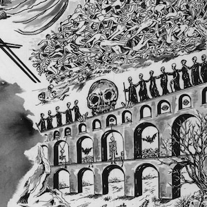 Peut inclure: Une illustration &agrave; l'encre noire et blanche repr&eacute;sentant un grand aqueduc en pierre avec des ouvertures en arc. Des personnages en robe se tiennent au sommet pr&egrave;s d'un cr&acirc;ne g&eacute;ant. Des squelettes et des chauves-souris occupent les arches.