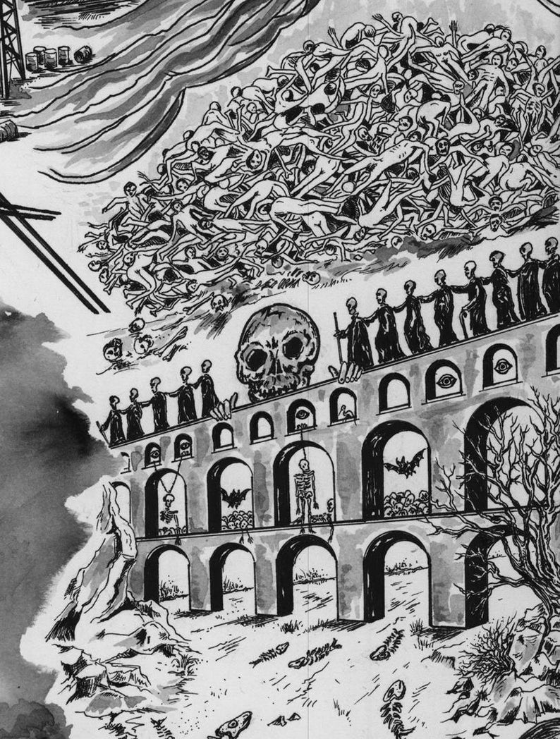 Peut inclure: Une illustration &agrave; l'encre noire et blanche repr&eacute;sentant un grand aqueduc en pierre avec des ouvertures en arc. Des personnages en robe se tiennent au sommet pr&egrave;s d'un cr&acirc;ne g&eacute;ant. Des squelettes et des chauves-souris occupent les arches.