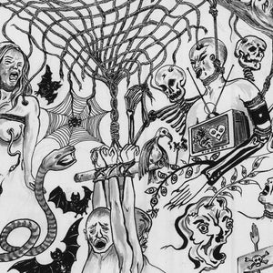 Peut inclure: Une illustration &agrave; l'encre noire et blanche repr&eacute;sentant une sc&egrave;ne complexe avec des figures humaines, des squelettes, des chauves-souris, un serpent et une toile d'araign&eacute;e. La composition inclut une structure centrale avec des cordes.