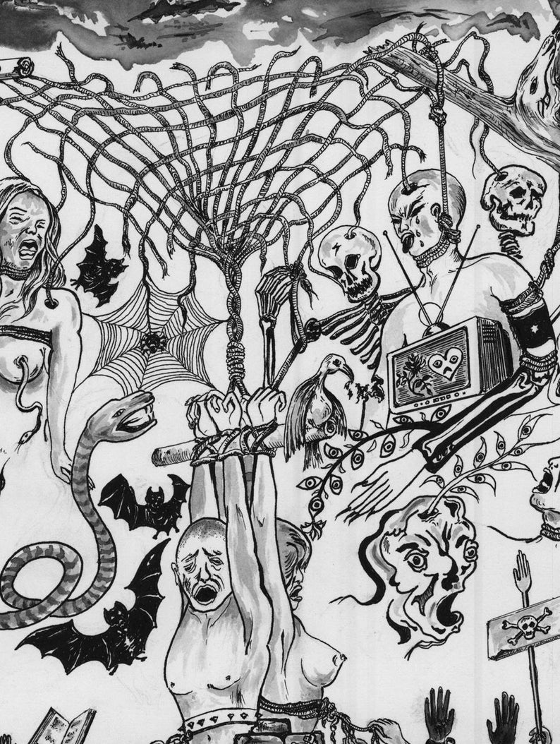 Peut inclure: Une illustration &agrave; l'encre noire et blanche repr&eacute;sentant une sc&egrave;ne complexe avec des figures humaines, des squelettes, des chauves-souris, un serpent et une toile d'araign&eacute;e. La composition inclut une structure centrale avec des cordes.