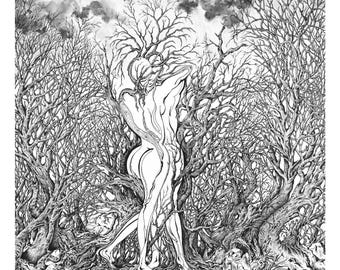 Peut inclure: Une illustration à l'encre noire et blanche représentant une silhouette entrelacée avec des branches d'arbres dénudées dans une forêt dense. Le ciel est rempli de nuages sombres et tourbillonnants, avec un serpent et un crâne au sol.