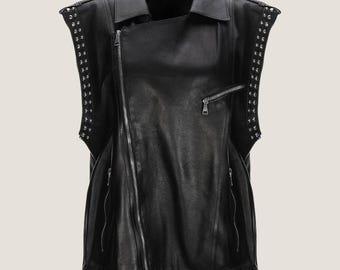 Handmade Studded Leather Moto Vest – Asymmetrical Biker Jacket