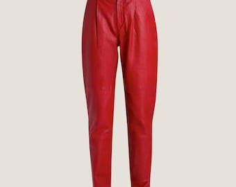 Handmade Red Lambskin Leather Pants – Women's Tapered High-Waisted Trousers