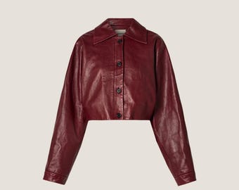 Burgundy leather jacket for women, cropped women&#39;s jacket, bomber jacket, ideal winter outfit, perfect gift for her.