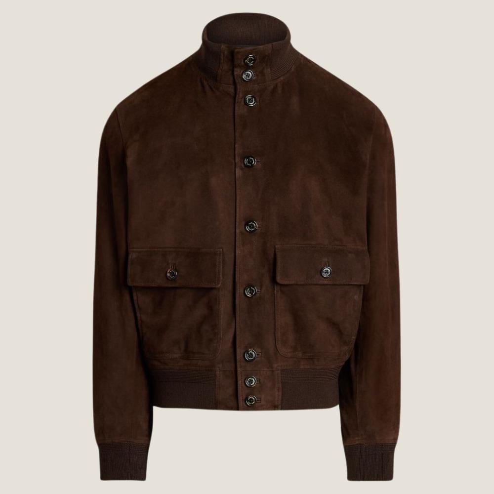 Handmade Dark Brown Suede Bomber Jacket  – Luxury Goatskin High-Neck Outerwear for Men - Leather Jacket For Men - Winter Jacket For Men