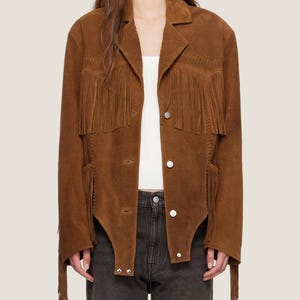 Giacca in pelle scamosciata marrone con frange fatta a mano – Cappotto da cowgirl western in pelle di capra