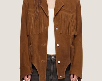Handgefertigte braune Wildleder Fransen Jacke - Ziegenleder Western Cowgirl Mantel