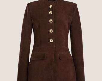 Handmade Suede Blazer - Tailored Women's Brown Leather Coat