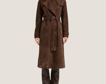 Women&#39;s Handmade Dark Brown Suede Trench Coat – Elegant Double-Breasted Belted Overcoat for Timeless Style & Comfort stylish winter coat