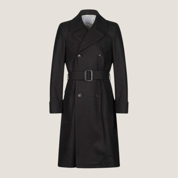 Gabardina de lana negra para mujer, abrigo largo cruzado de