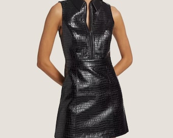 Black Croc Lambskin Leather Mini Dress, Sleeveless Zipper Vest