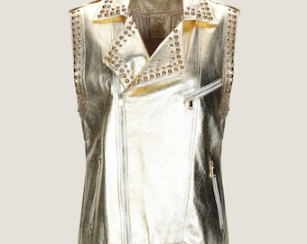 Metallic Gold Studded Leather Vest – Handmade Biker Moto Jacket