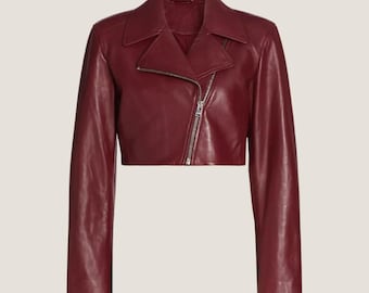 Burgundy Cropped Lambskin Leather Biker Jacket, Moto Style