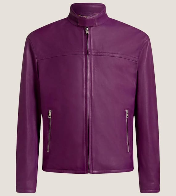 Herren Lila Lederjacke Grape Zip Jacke Streetwear Biker Style