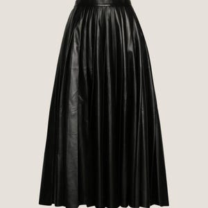 May include: A black pleated leather skirt with a high waist and a midi length.
