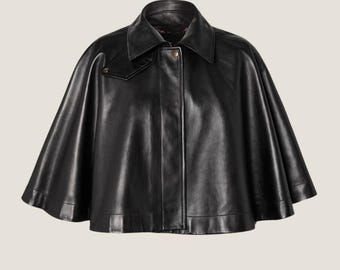 Handmade Black Leather Cape – Women’s Luxury Leather Poncho with Button Closure & Flared Silhouette, Luxe Fashion Outerwear, Gift For Her