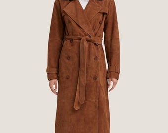 Women&#39;s Brown Suede Trench Coat – Handmade Double-Breasted Overcoat - Belted Winter Coat - Leather Long Coat For Outerwear - Gift For Her