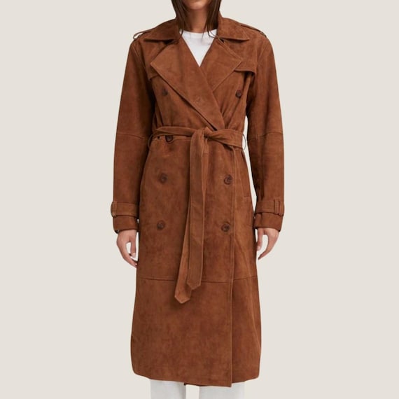 Damen Brauner Wildleder Trenchcoat Handgefertigter Zweireihiger